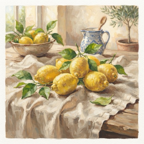 Oil painting of lemons on a linen cloth