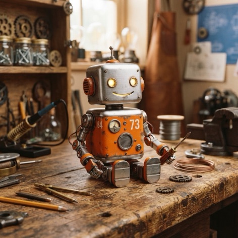 Small orange robot on a workshop bench